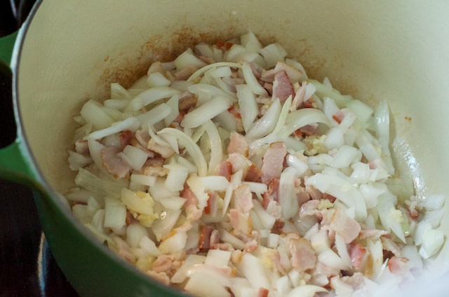 onion and garlic sautéing with bacon