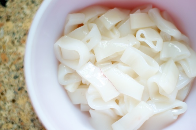 sliced calamari ready for paleo breading