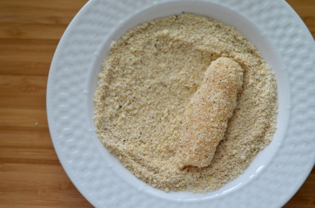 fish stick rolled in dry almond flour old bay