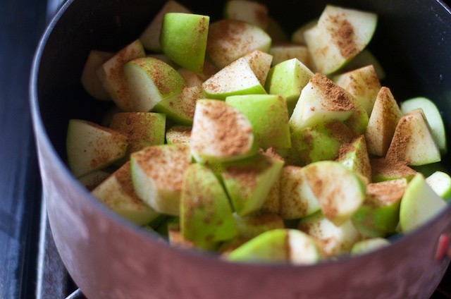 chopped apples in pot with spices
