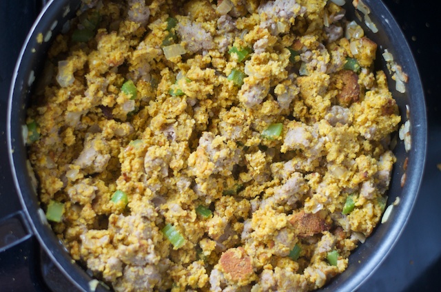 mixed stuffing in skillet