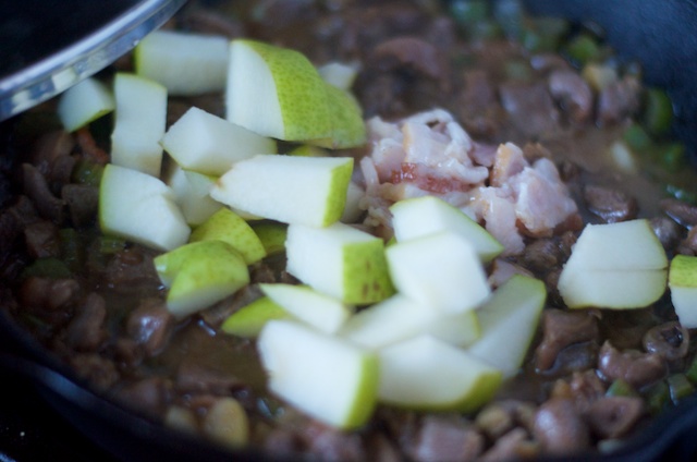 pear and bacon added to sauté of chicken gizzard