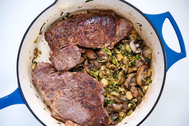 Braised Steak with Brussels Sprouts and Mushrooms Recipe [paleo, primal, keto, gluten-free]